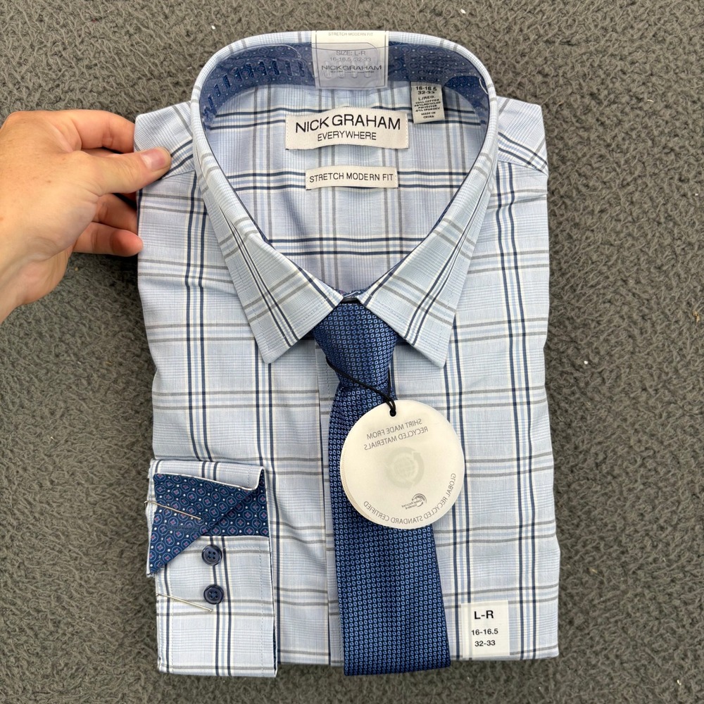 Nick Graham Mens Blue Plaid Stretch Modern Fit Dress Shirt‎ and Tie Set 16-16.5